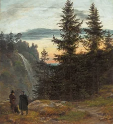 Two Men before a Waterfall at Sunset