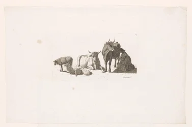 Woman Milking a Cow, with Cattle and Sheep