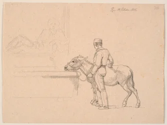 A Man with a Donkey by a Fountain