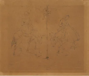 Mrs. Raffenberg Sitting on a Donkey. Two Representations Separated by a Plant Stem