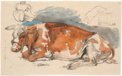 Lying Cow. Top Left a Seated Peasant Girl, Right a Cat Drinking from a Milk Thistle