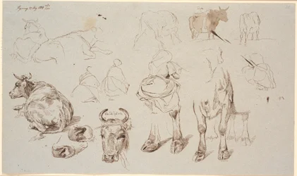 Study Sheet from Vognserup. Studies of Cows Above, 4 Studies of Milkmaids Seen from the Back in the Middle