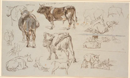 Study Sheet from Vognserup. Studies of Cows, Bulls, and Calves. Two Landscape Studies on the Right, the Upper with Lying Cows, the Lower with Milking Scene
