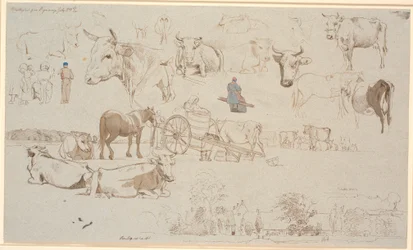 Study Sheet from the Milking Place in Vognserup. Above, Especially Studies of Cows, in the Middle, Among Others, the Milking Cart and Below, Vognserup Main Building and Wings