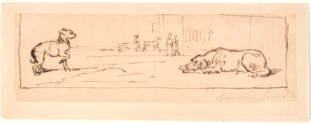 Two dogs on a street. In the background a horse-drawn carriage and two pedestrians