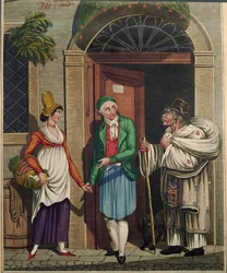 Cook and butler with Croatian tradesmen selling linen, from a series of Viennese Types