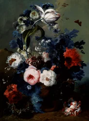 Still Life of Roses, Poppies, and Irises. Painting by Johann Baptist Drechsler (1756-1811) Private Collection.