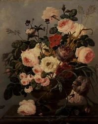Roses, Carnations, Convulvuli and Other Flowers in a Vase on a Ledge