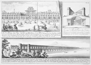The Royal Palace at Isfahan, A Cross-Section of the Alyverdy-Chan Isfahan Bridge and a View of the Alyverdy-Chan Isfahan Bridge, from Entwurf einer historischen Architektur, engraved by Johann Adam De