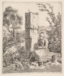 An Old Lady Sitting Near a Pillar at Side of Road, 1819