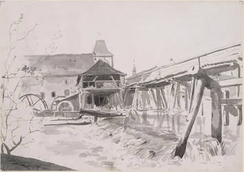 Wooden Bridge with Weir and Watermill