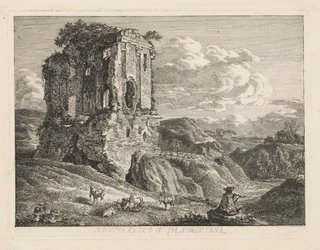 Landscape with an Ancient Tomb, Goats on the Right and a Shepherd Playing a Flute