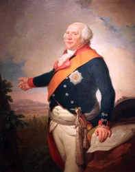 Portrait of King Frederick William II of Prussia (1744-1797) with a star of the Prussian Order of the Black Eagle, his left hand resting on a map of Frankfurt, a landscape with the Prussian army encamped outside Frankfurt