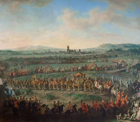 Entrance of the Emperor Franz I. Stephan and his son Joseph (II.) into Frankfurt on March 29, 1764