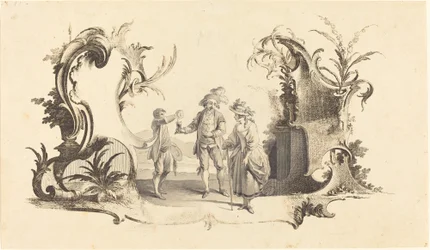 Cartouche Moderne with a Young Couple Being Served Wine