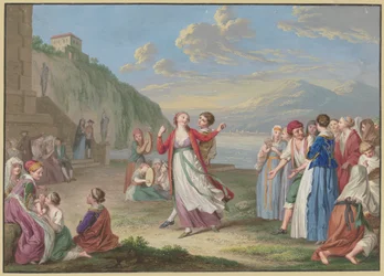 Italian Country People Entertaining Themselves with Games and Dancing on the Lakeshore, High Mountains in the Background