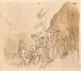Horse Cart with Beer Drinkers in Front of Inn