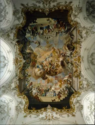 Baroque Art: “The Virgin Surrounded by Saints” Fresco of the Vault by Johann Georg Bergmuller. Church of the Convent of the Augustines