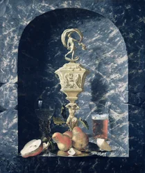 Still Life with Decorated Goblet, Fruit and Glasses in a Stone Alcove