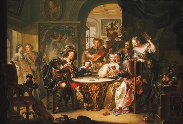 A Gentleman cheating at Cards with an elderly Lady in a sumptuous Interior
