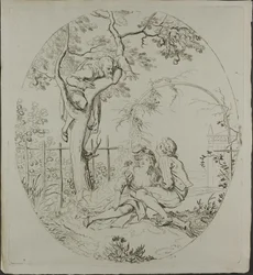 Bearded Man Spying on Lovers Under an Arbor