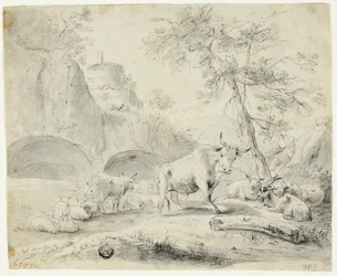 Landscape with Herdsman and Sheep, Goat, Cattle