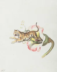 Tiger jumping from a flower crown. Allegory on flower seeds