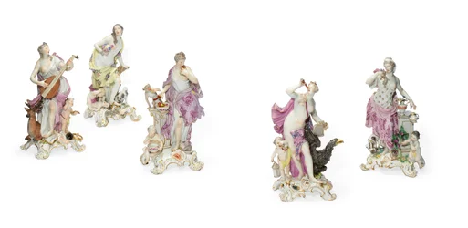 Five Meissen figures emblematic of the senses, c. 1765