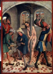 The Flagellation of Christ. Men making the crown of thorns while others whip Jesus tied to the column with different whips.