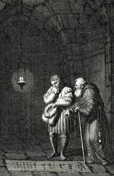 Emperor Charles IV collecting on the grave of Widukind of Saxony in Enger, Germany in 1377. Engraving by Johann Michael Mettenleiter