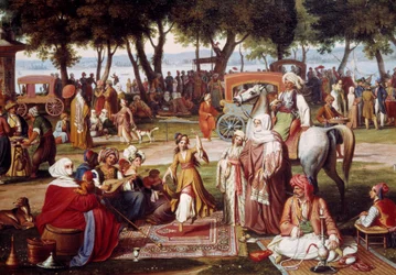Freshwater Asia in Constantinople - Sweet living: group of men and women smoking, dancing (detail)
