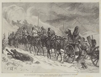 The War between Servia and Bulgaria, Servian Artillery crossing the Ploca Mountains in a Snowstorm