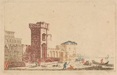Six Colored Engravings of Castles, Ruins and Seascapes