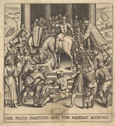 Men Collecting Dung Dropping from the Hindquarters of a Mule
