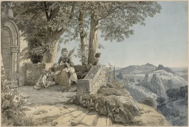Rocky Landscape, Foreground a Young Woman with Three Children and a Dog in Front of a Romanesque Portal