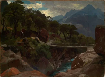 Swiss Mountain River with Footbridge