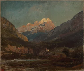 Swiss Mountain Landscape with Chapel and Distant Snowy Peak