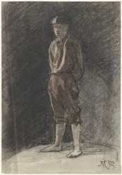Standing Man with Helmet and Rolled-Up Book Pages