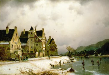 A Winter River Landscape with Figures Skating on the Ice by a Village