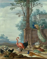 An Italianate Landscape with a Peacock, Pheasant, Flamingo and Other Fowl