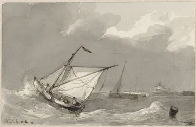 Fishing Boat on a Rough Sea, with a Village in the Distance