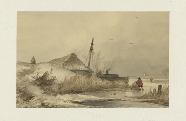 Winter landscape with farm by a ditch