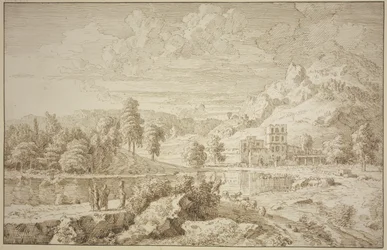 Italian Landscape with a Building, a Shepherd with Sheep on the Road, Three Figures on the Left