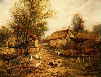 Poultry by a Pond in a Farmyard