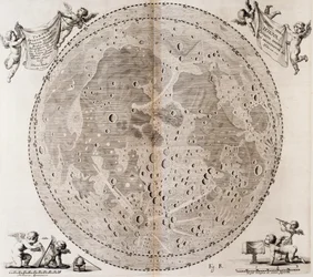 First detailed map of Moon drawn in 1647 by Johann Hevelius, print taken from Johann Hevelius