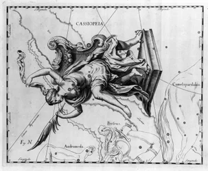 The constellation of Cassiopeia: Cassiopeia, wife of the king of Ethiopia Cepheus, sitting on a chair adorned with palm trees. Plate drawn from 