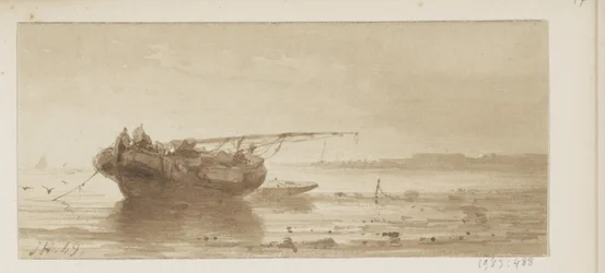 Ship with Lowered Sail on a River