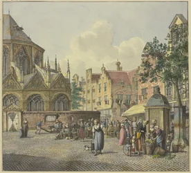 On the left the choir of a church, on the right a fountain house, with women selling vegetables
