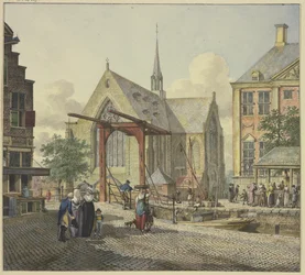 Sluice Gate by a Church, at Left a Veiled Lady, an Officer and a Lady with a Boy