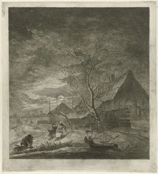 Night Landscape with Farm and Skaters